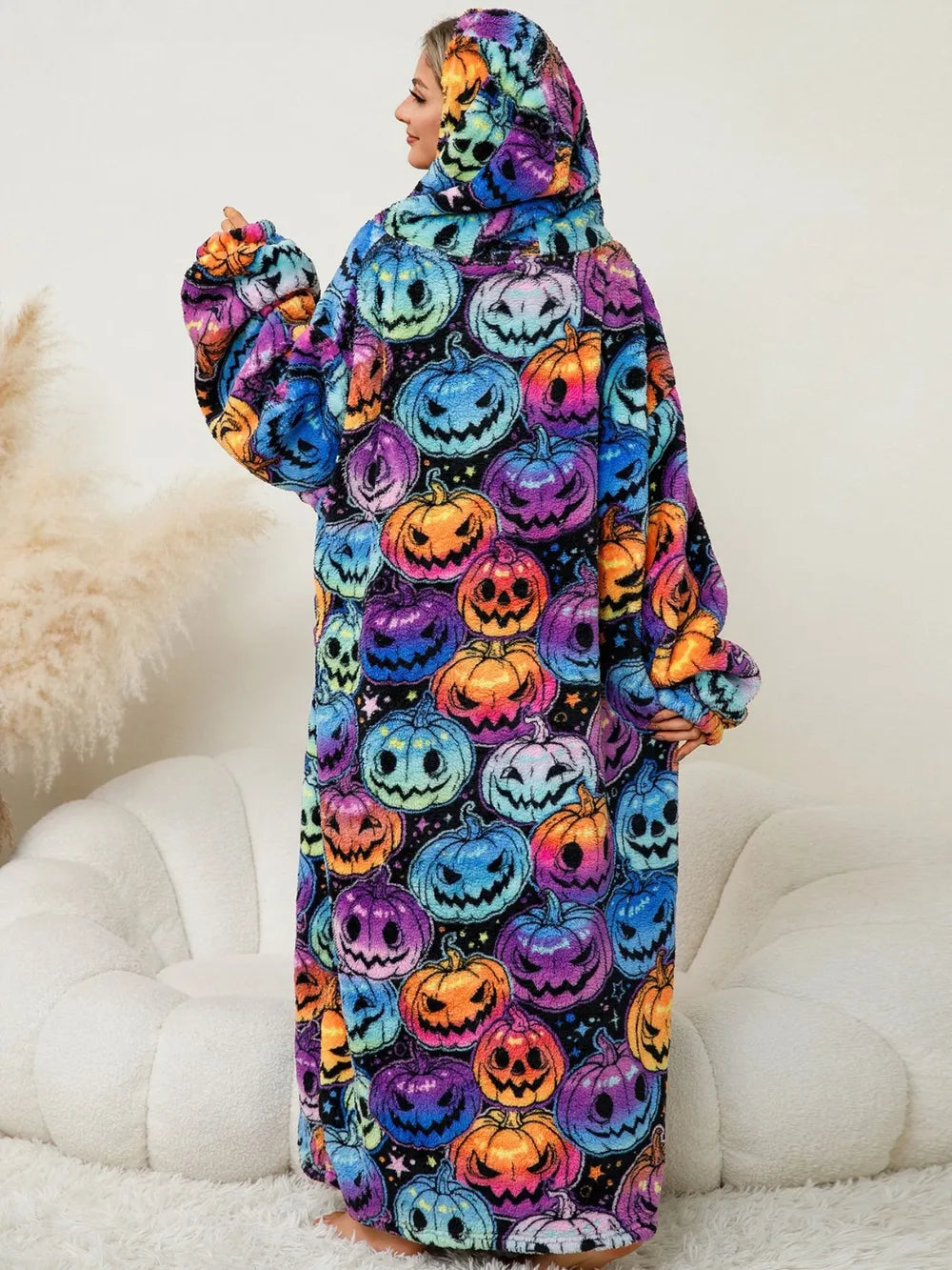 Fuzzy Pocketed Long Sleeve Hooded Lounge Dress - Fashorio