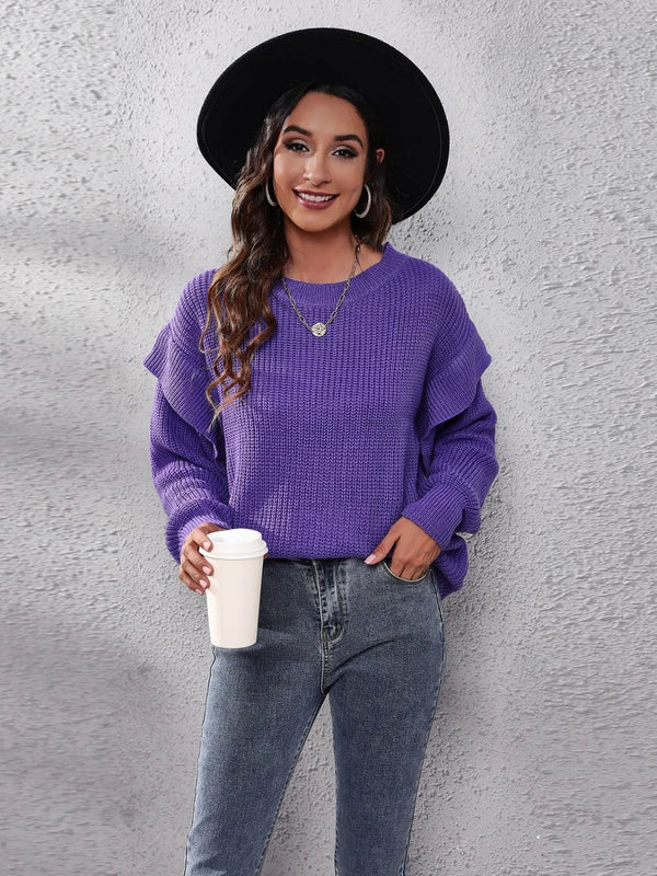 Ruffled Round Neck Dropped Shoulder Sweater Violet - Fashorio