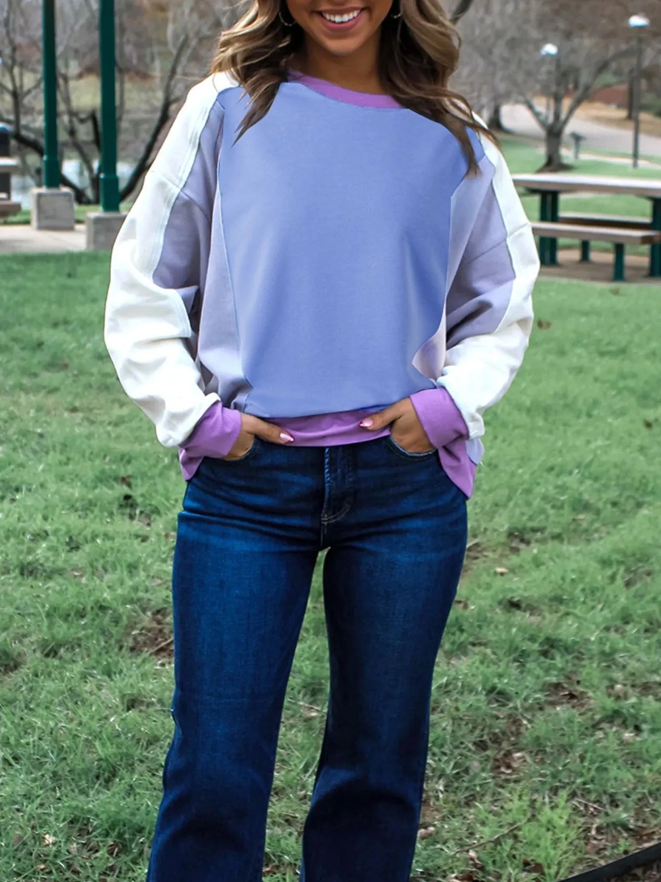 Exposed Seam Colorblock Patchwork Ribbed Trim Sweatshirt - Fashorio