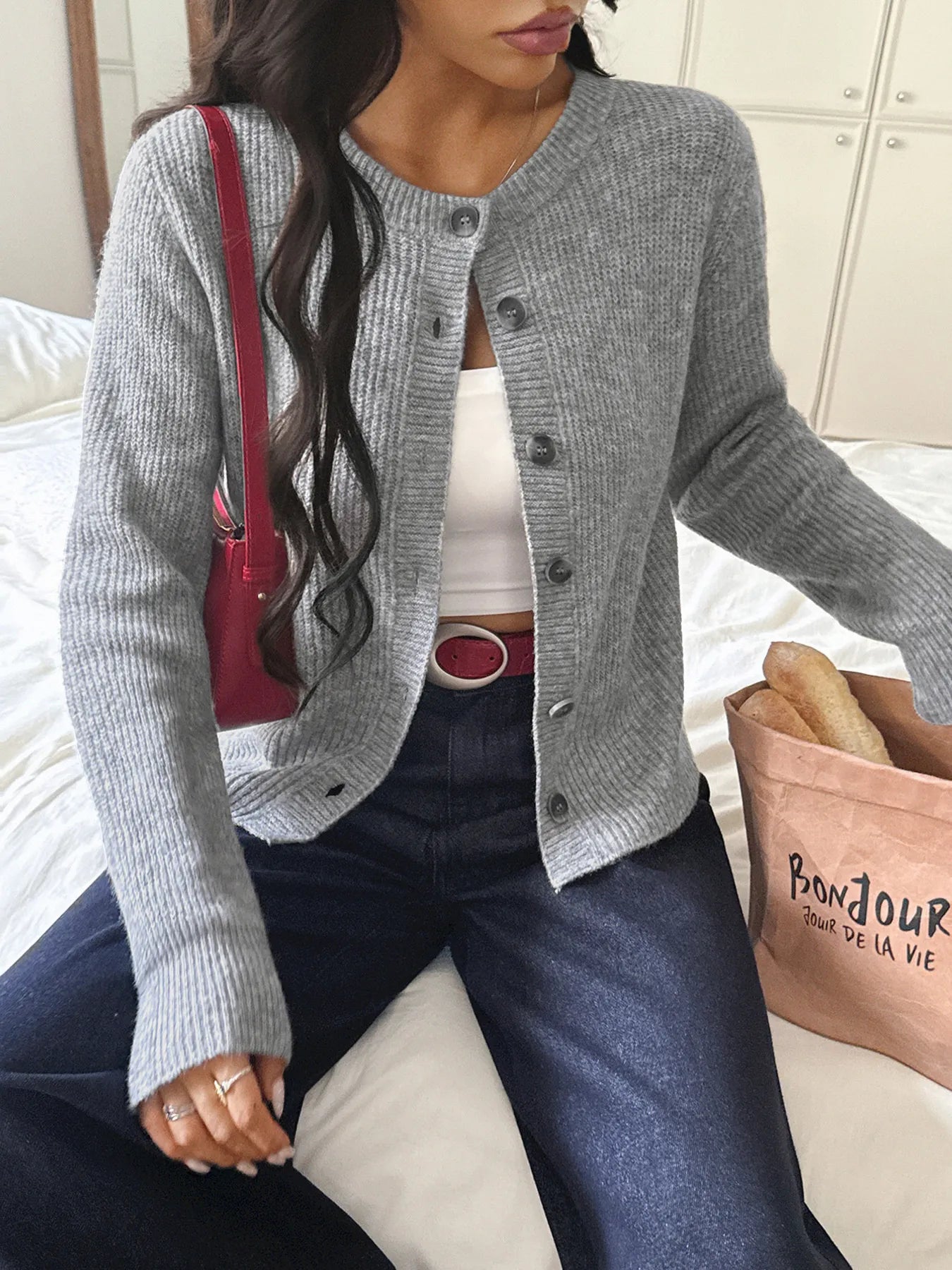 Button-Up Ribbed Knit Cardigan - Fashorio