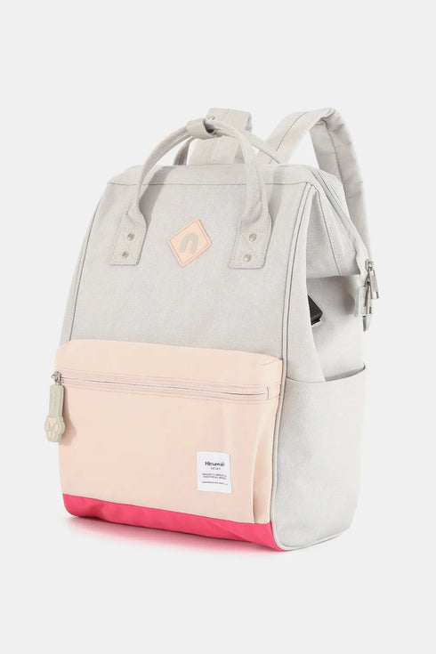 Himawari Contrast Waterproof Backpack Bag with External USB Port Light Grey Pink One Size - Fashorio