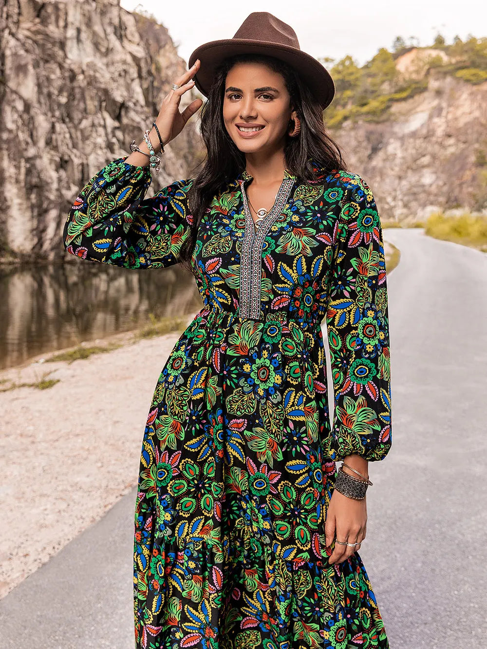 Printed Notched Neck Maxi Dress - Fashorio