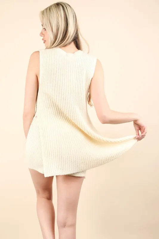 VERY J Slit Round Neck Top and Shorts Sweater Set - Fashorio