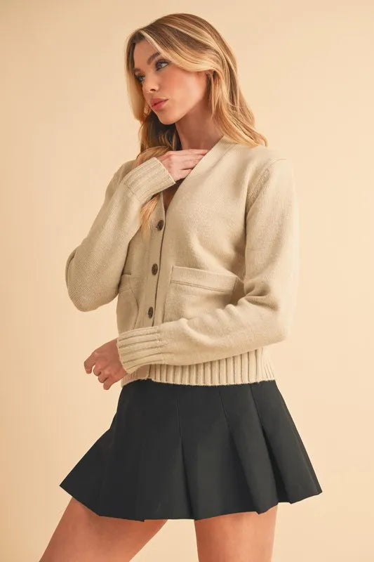 Aemi + Co Ribbed Hem Button Down V-Neck Cardigan - Fashorio