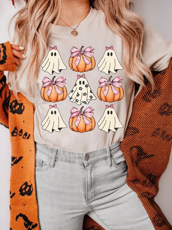 Halloween Bowknot Ghost Pumpkin Graphic T Shirt Tan - Fashorio