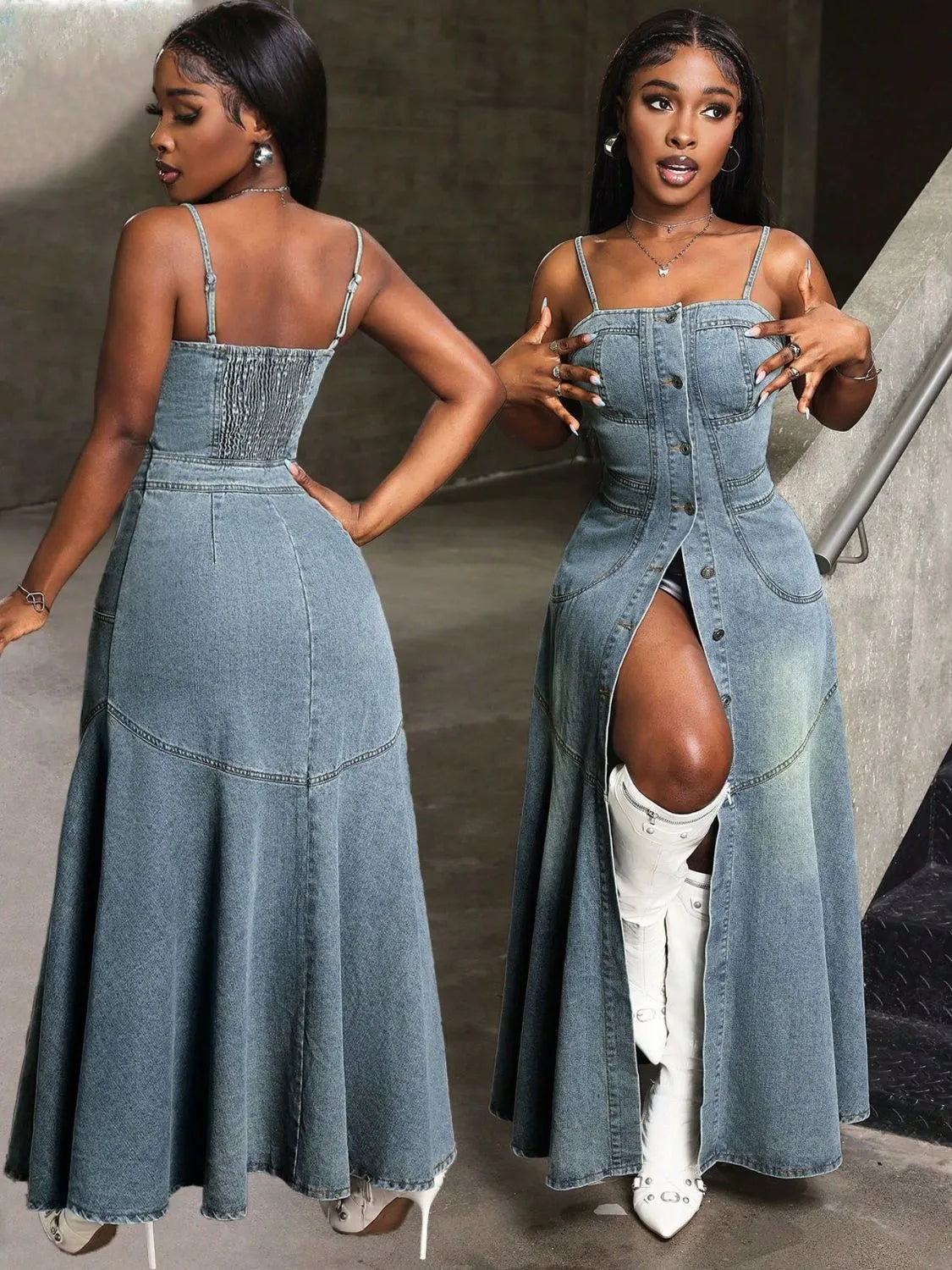 Smocked Button Front Denim Cami Dress - Fashorio
