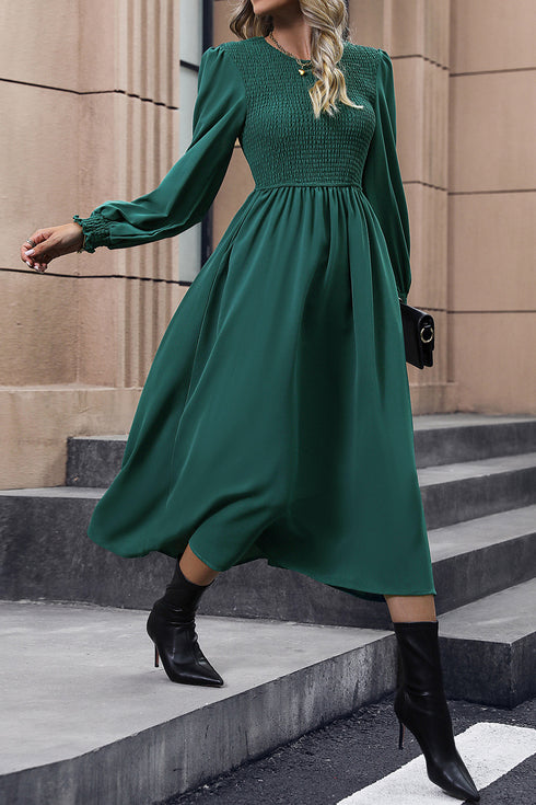 Perfee Smocked Long Sleeve Midi Dress - Fashorio
