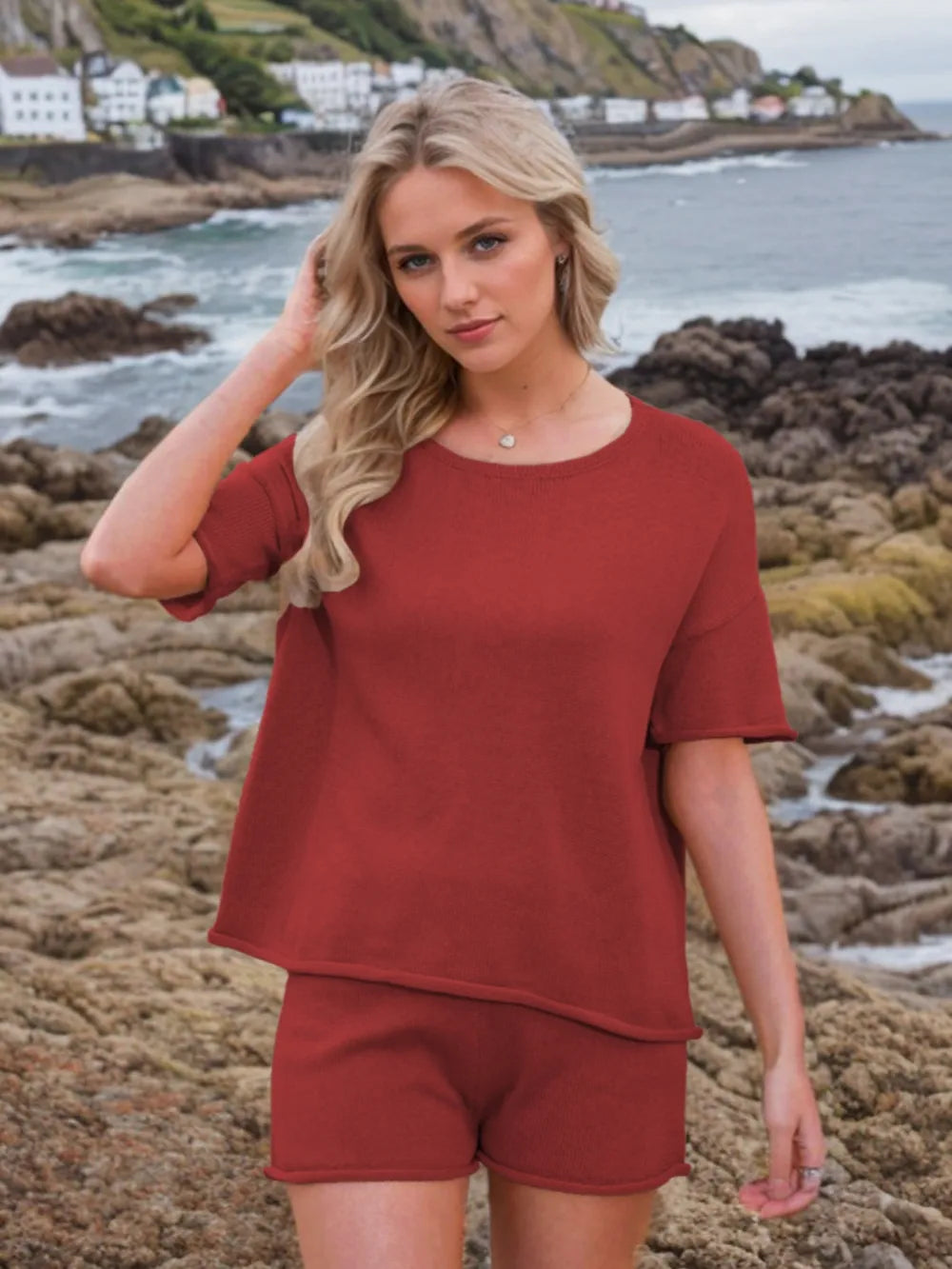 Round Neck Short Sleeve Top and Shorts Sweater Set Scarlet - Fashorio