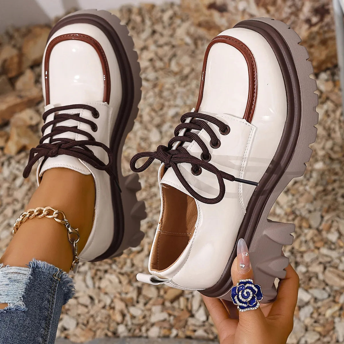 Round Toe Block Heels Loafers White - Fashorio