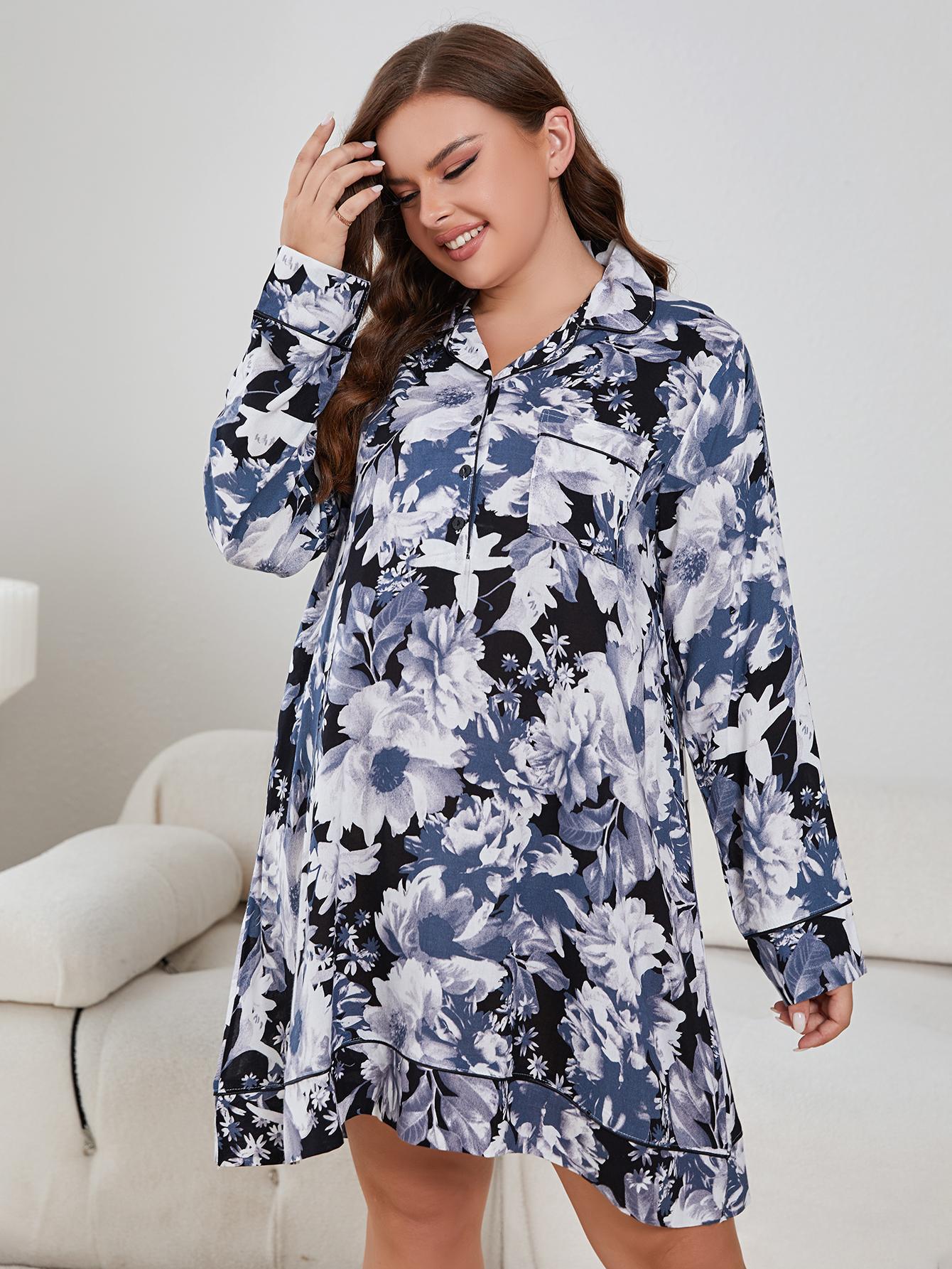 Plus Size Floral Lapel Collar Long Sleeve Night Dress - Fashorio