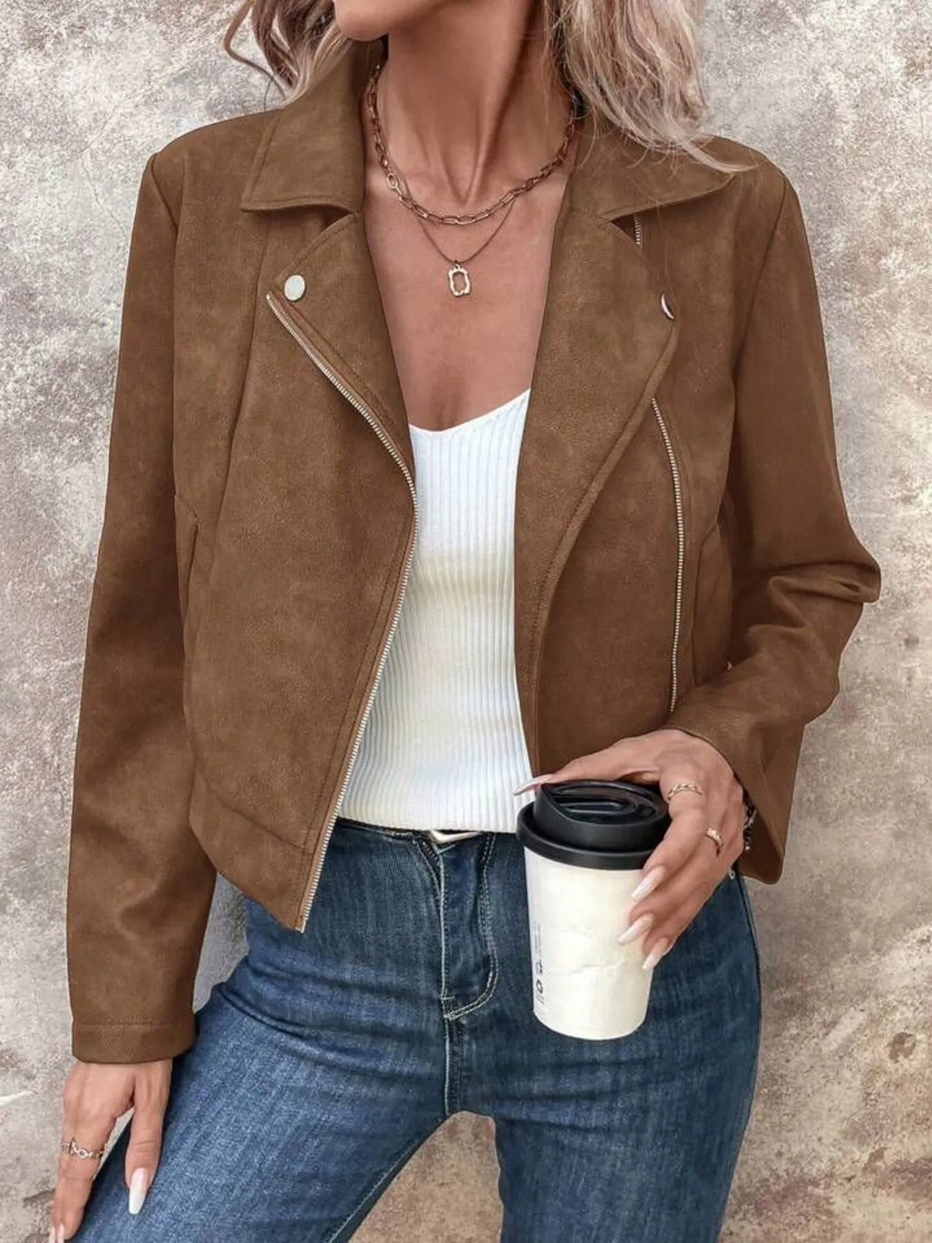 Zip Up Suede Cropped Moto Jacket - Fashorio