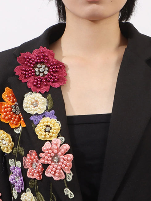 Pearl Detail Flower Lapel Collar Blazer - Fashorio