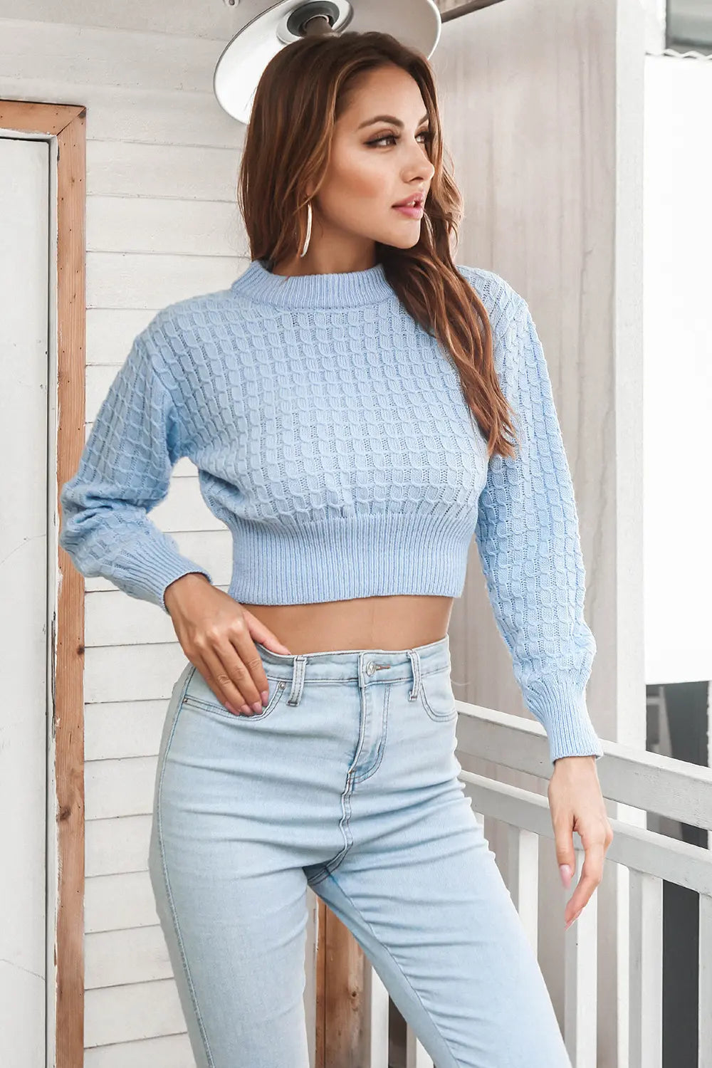 Round Neck Long Sleeve Cropped Sweater - Fashorio