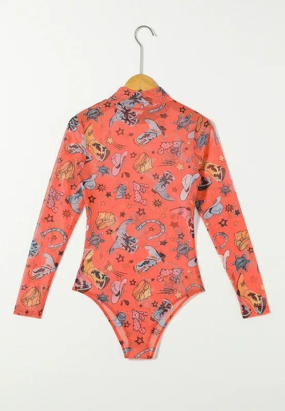 Printed Mock Neck Long Sleeve Bodysuit - Fashorio
