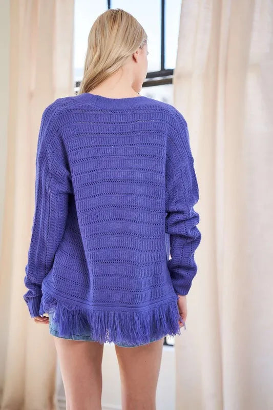 Davi & Dani Fringe V-Neck Button Up Long Sleeve Cardigan - Fashorio