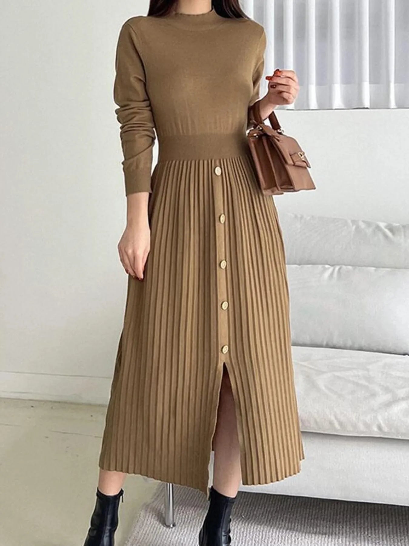 Slit Front Mock Neck Long Sleeve Knit Dress Brown - Fashorio