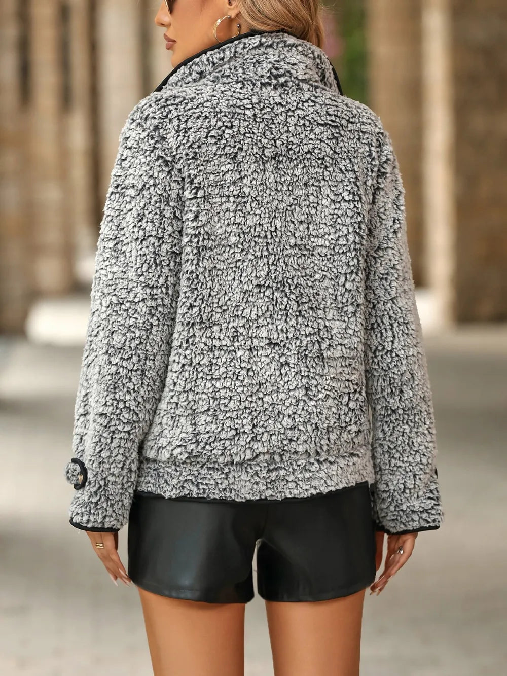 Fuzzy Pocketed Button Up Jacket - Fashorio