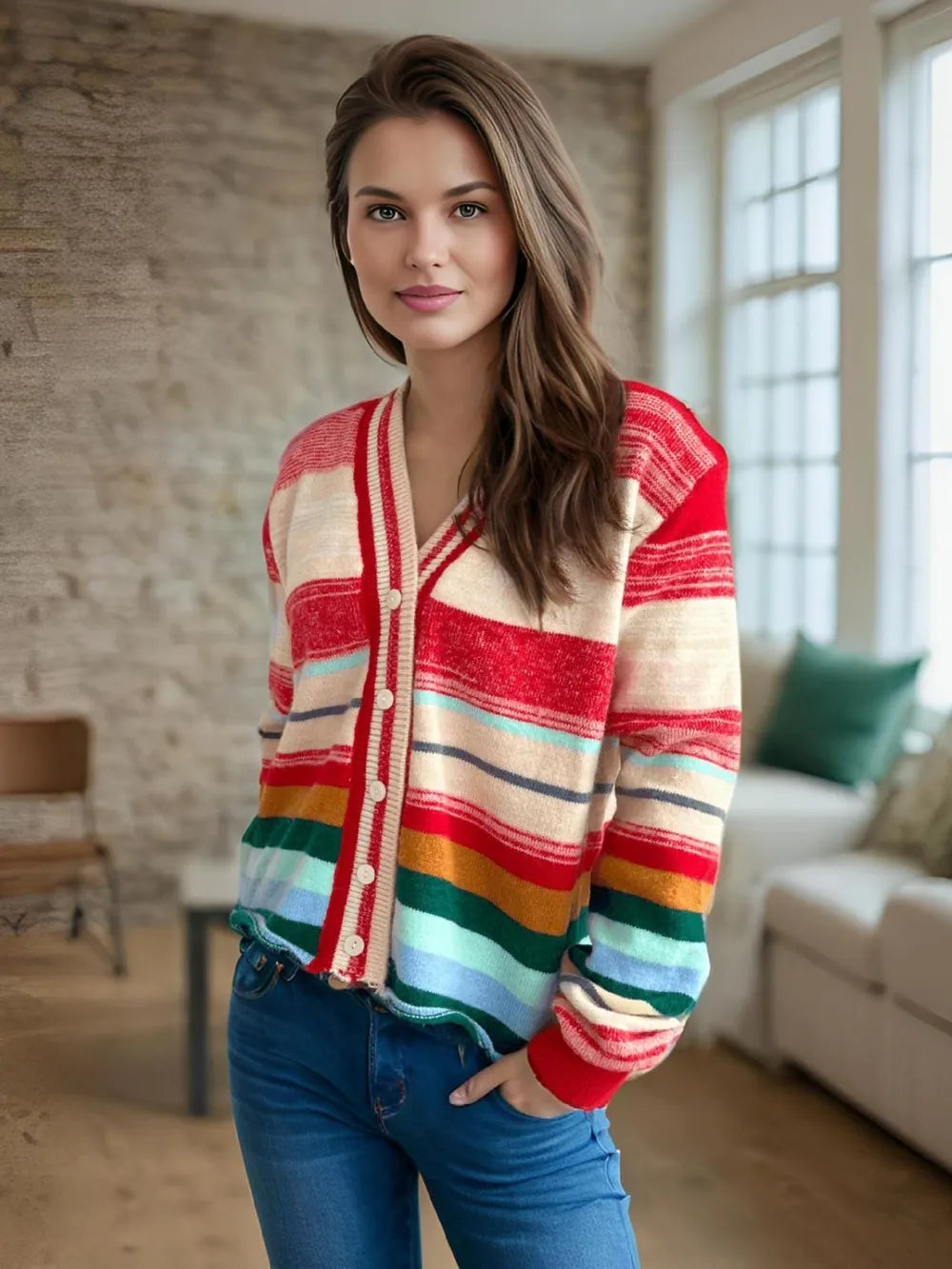 Striped Button Down V-Neck Long Sleeve Cardigan - Fashorio