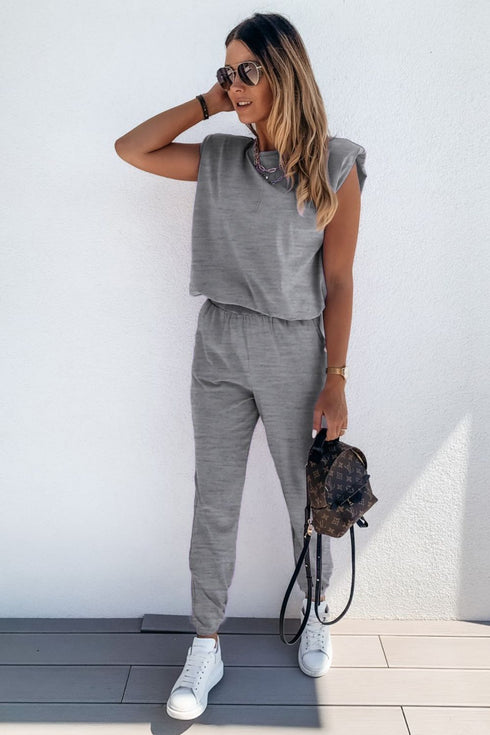 Padded Shoulder Top and Joggers Lounge Set Mid Gray - Fashorio