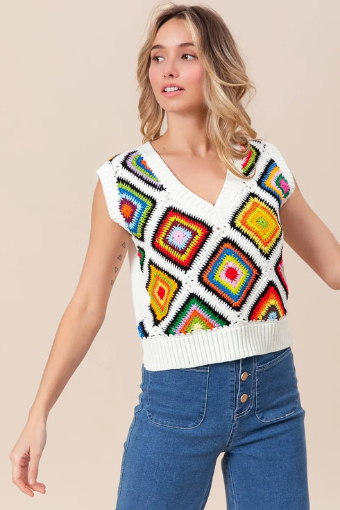 BiBi Diamond Granny Square Sweater Vest - Fashorio