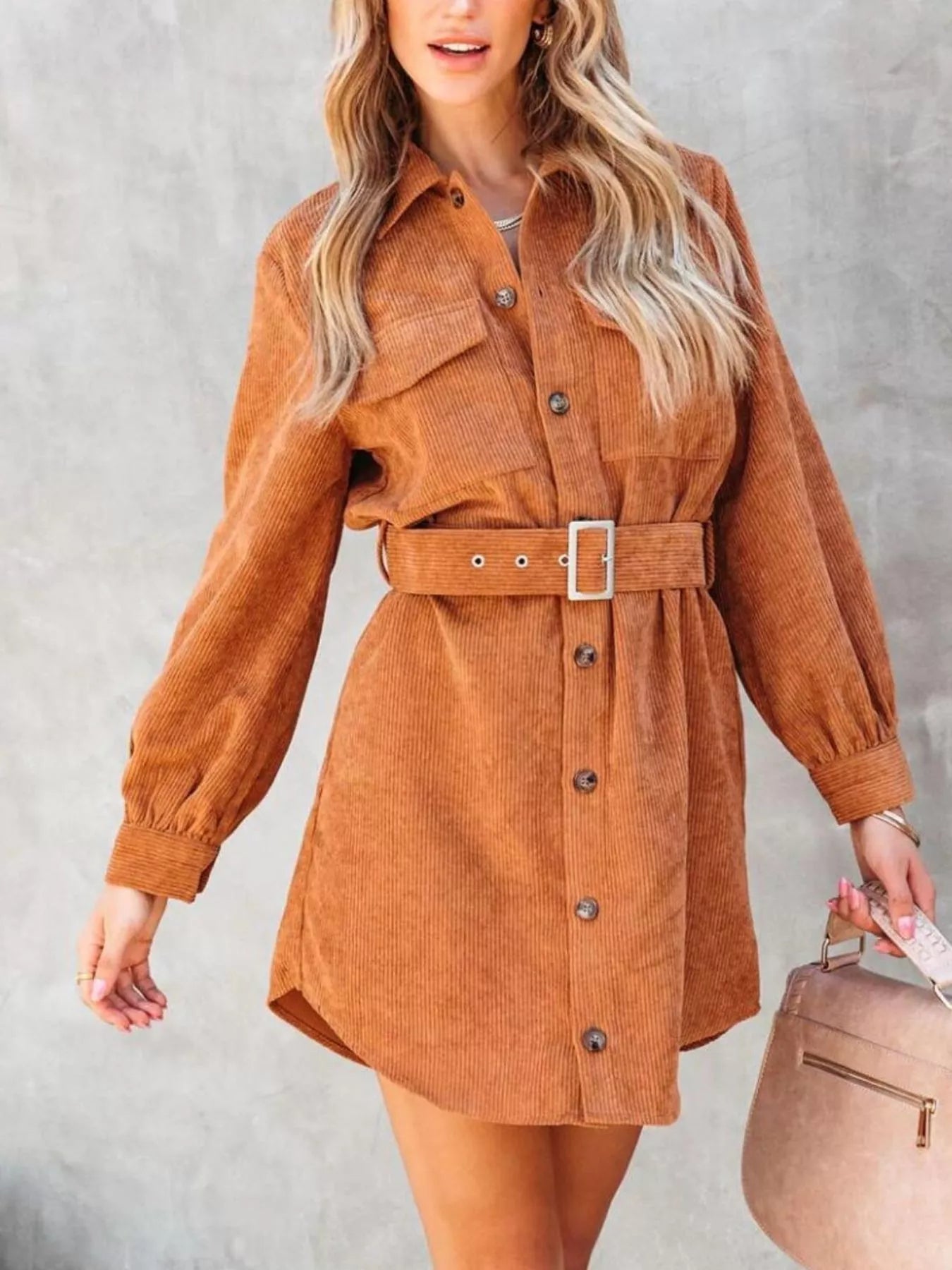 Button Front Belt Long Sleeve Corduroy Dress - Fashorio
