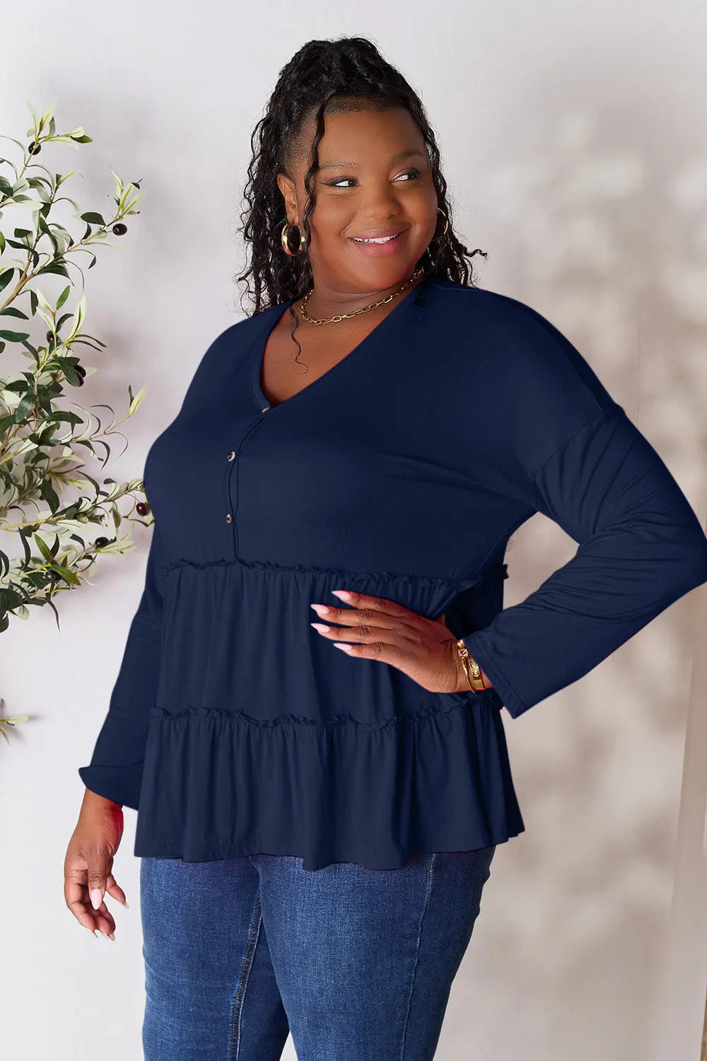Double Take Half Button Long Sleeve Ruffle Hem Blouse - Fashorio