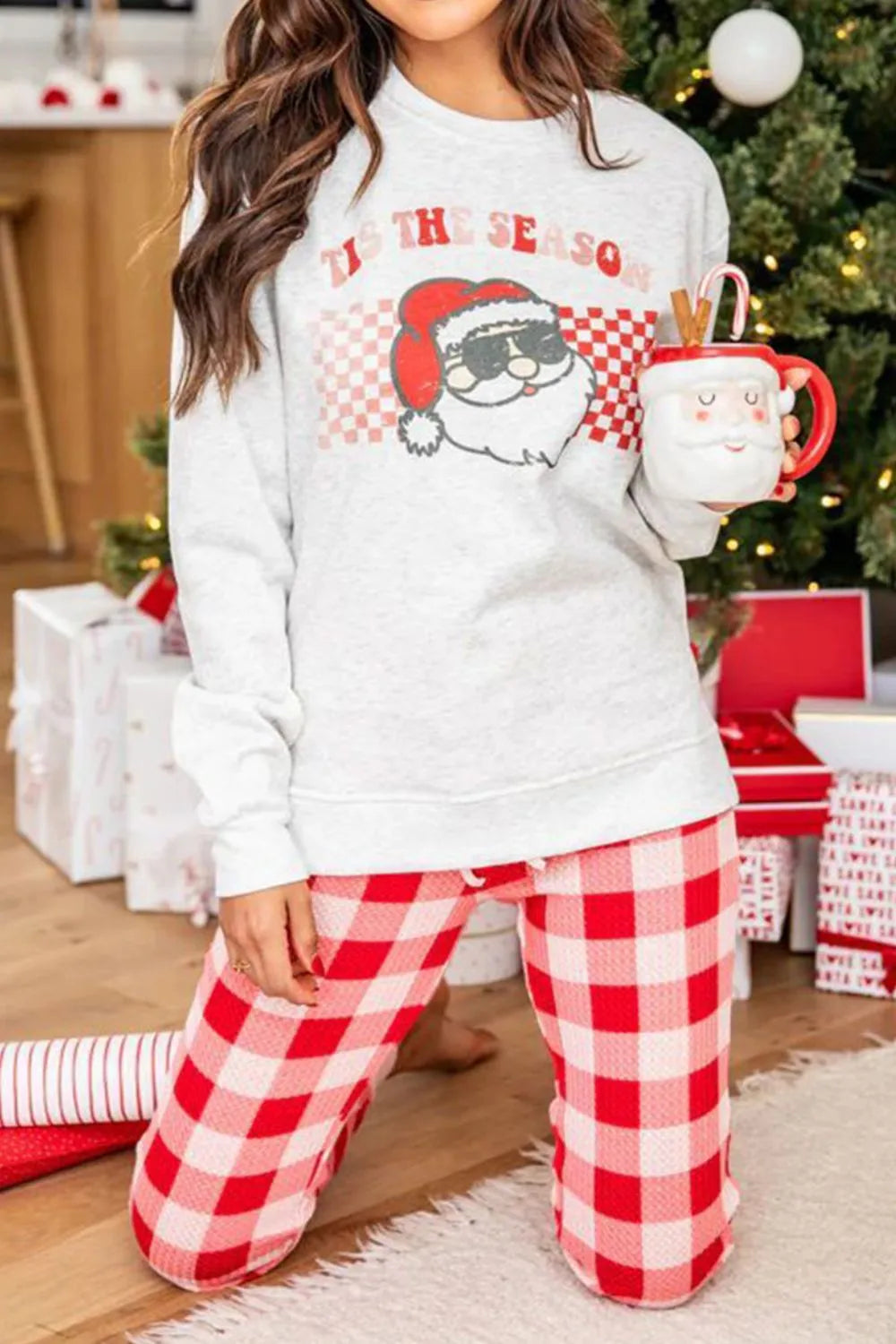 ITS THE SEASON Round Neck Top and Plaid Pants Lounge Set - Fashorio