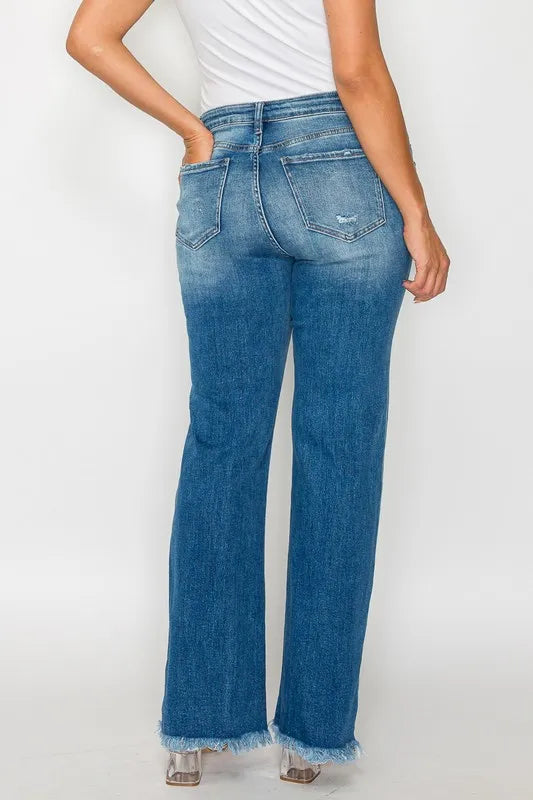 bytos Full Size Raw Hem Distressed Mid Rise Straight Jeans - Fashorio