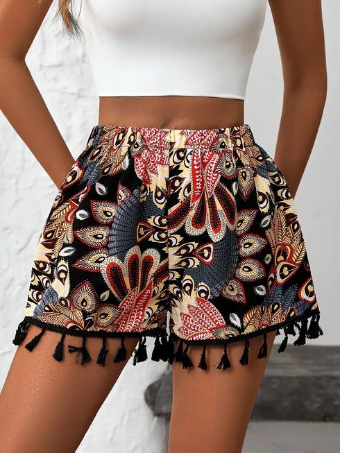 Paisley Print Tassel Hem Shorts - Fashorio