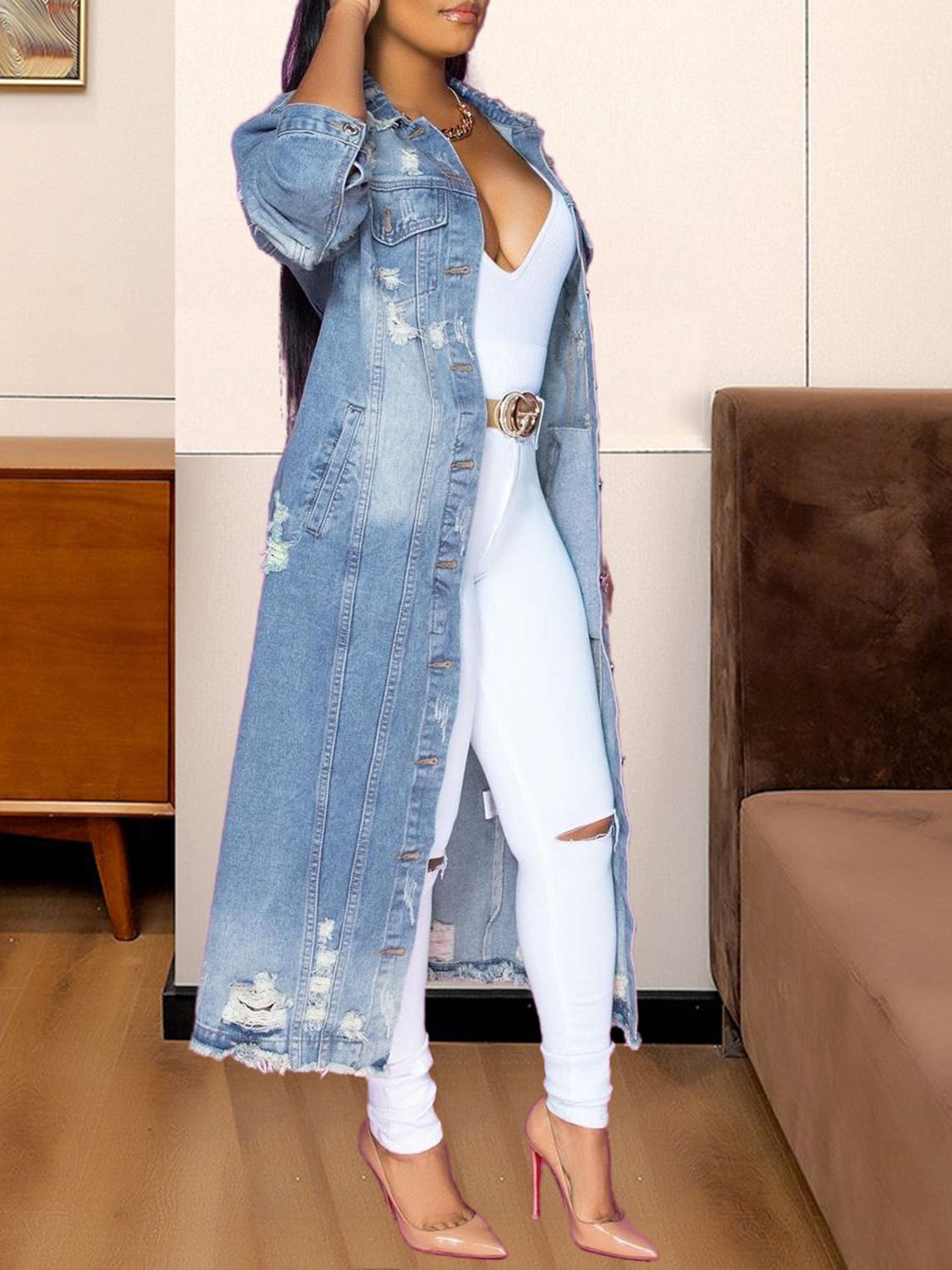 Long Sleeve Raw Hem Denim Jacket - Fashorio