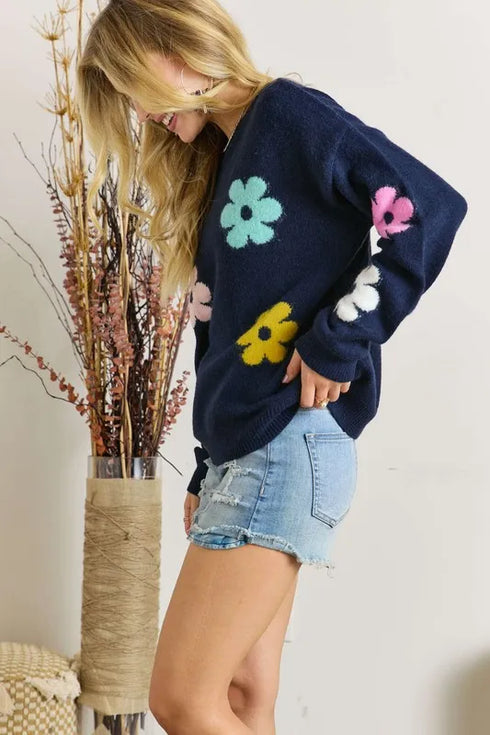 ADORA Full Size Flower Popped Sweater Plus Size - Fashorio