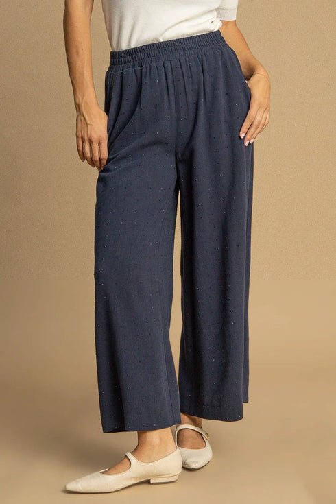 Umgee Full Size High Waisted Embellished Linen Pants Plus Size Dark Blue - Fashorio