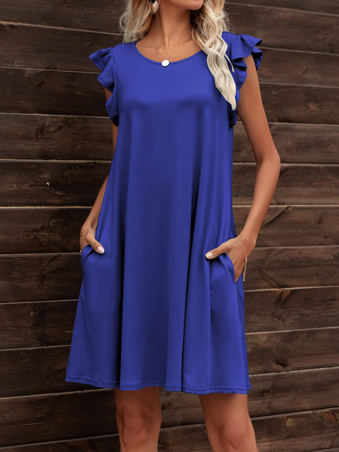 Round Neck Flutter Sleeve Dress with Pockets Navy - Fashorio
