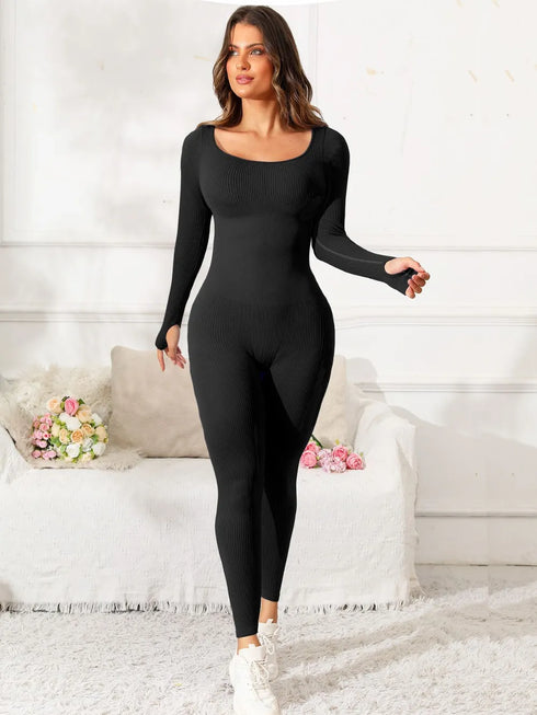 Scoop Neck Long Sleeve Active Jumpsuit - Fashorio