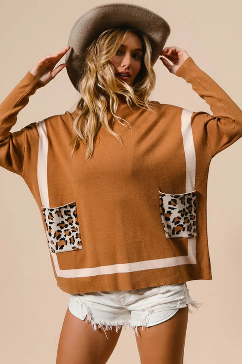 BiBi Mock Neck Sweater with Leopard Pocket CAMEL - Fashorio