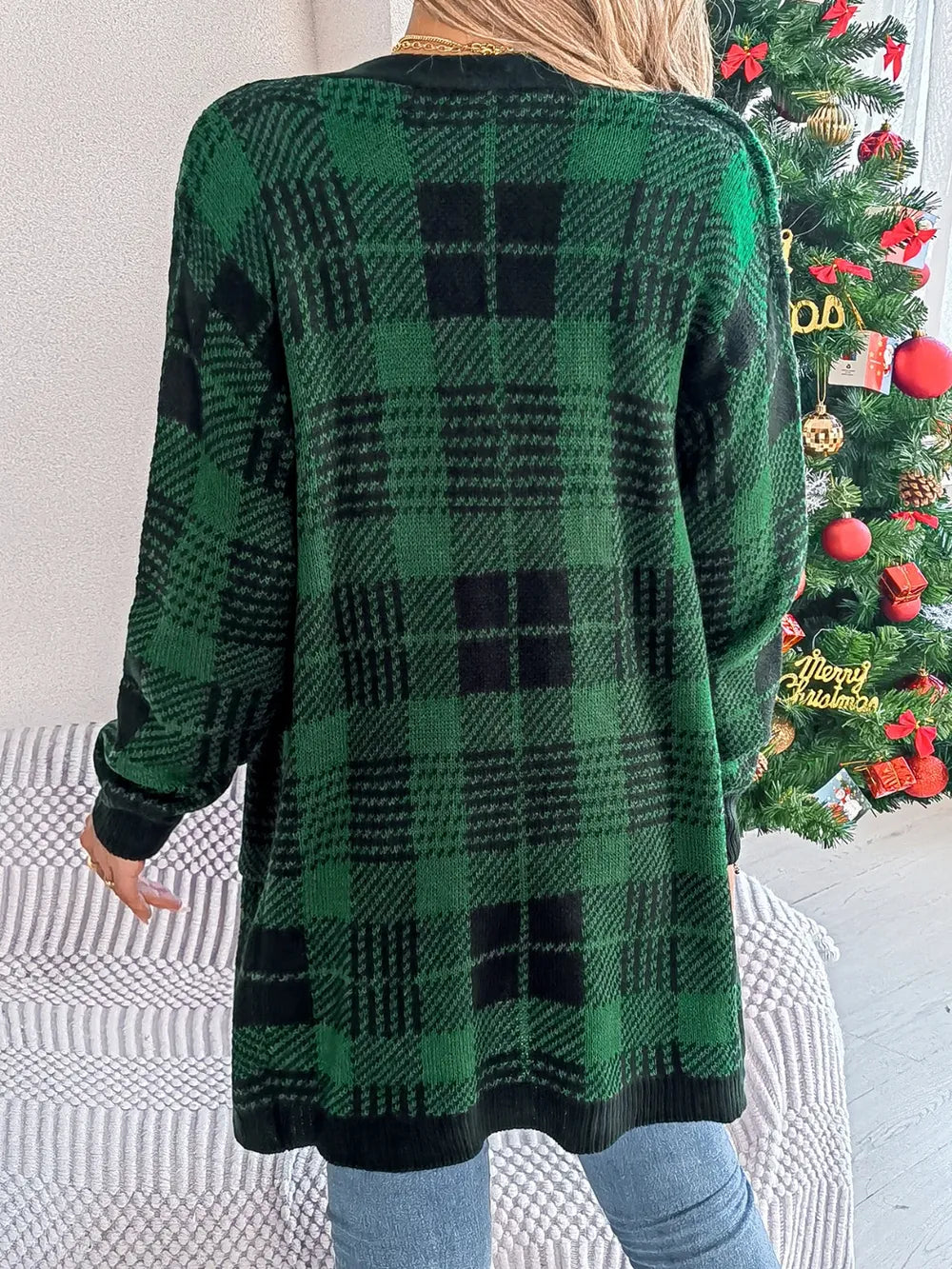 Plaid Open Front Long Sleeve Cardigan - Fashorio