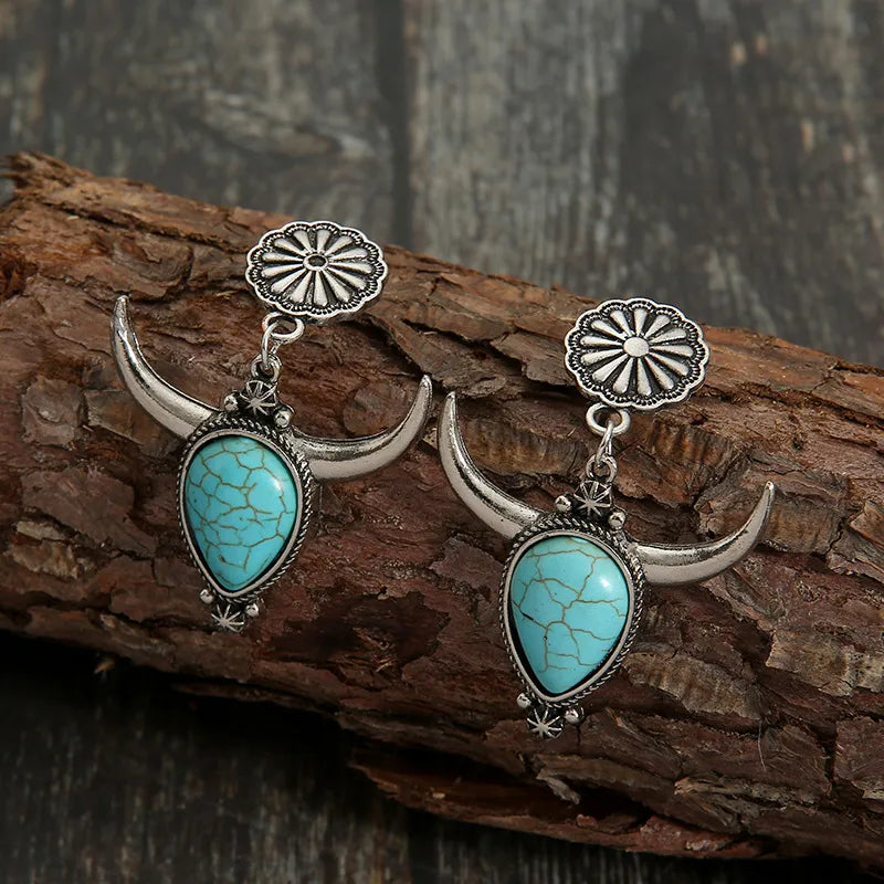 Artificial Turquoise Alloy Cow Head Earrings - Fashorio