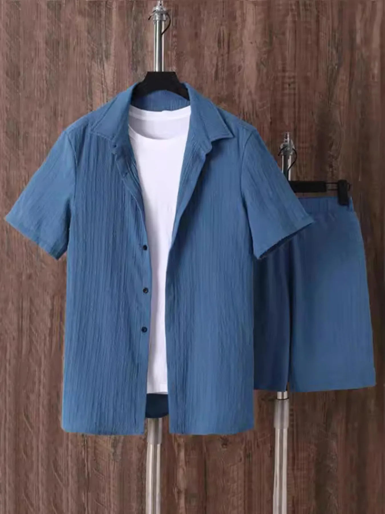 Men's Plus Size Button Up Short Sleeve Shirt and Shorts Set Royal Blue - Fashorio