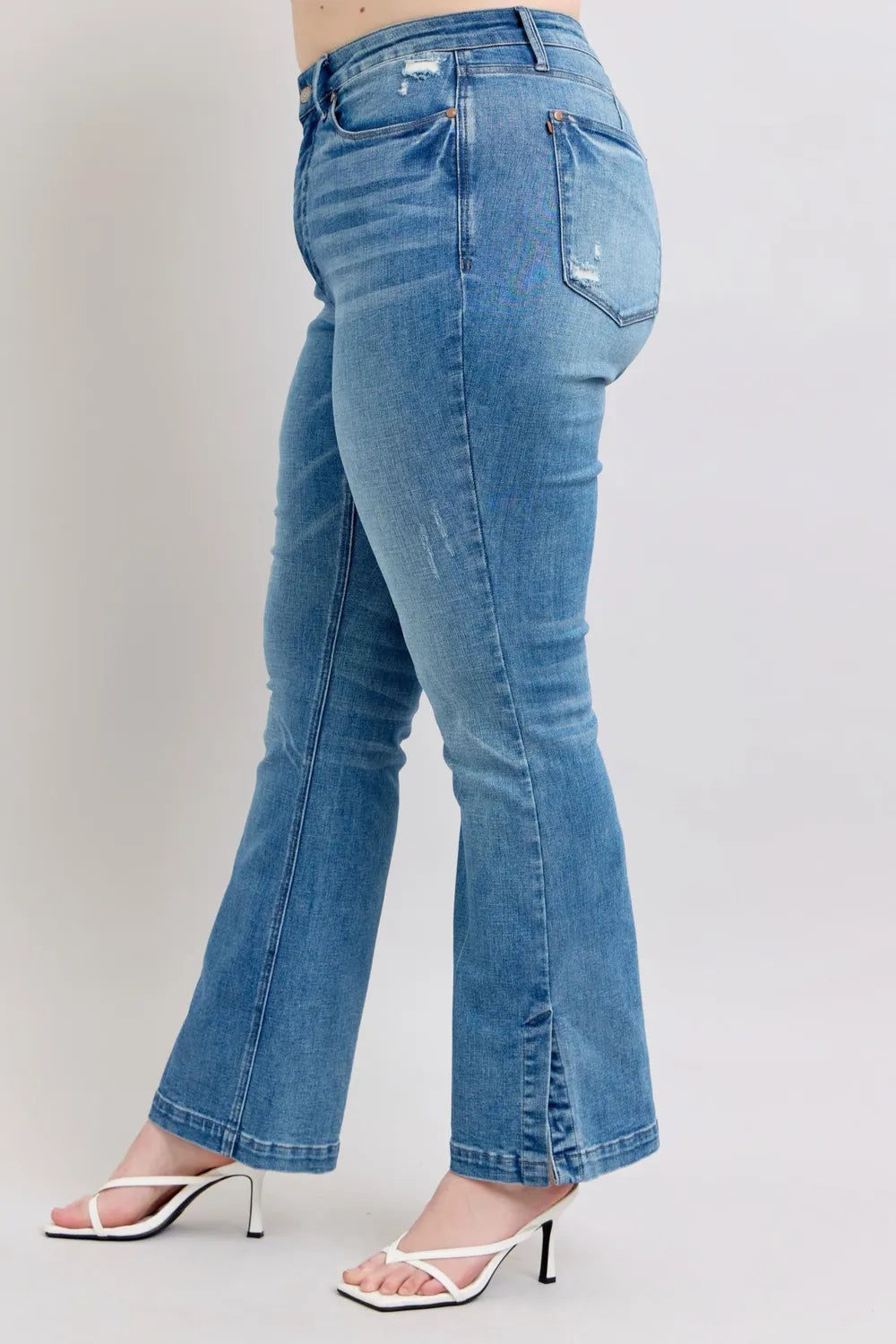 Judy Blue HW Tummy Control Vintage Wash Side Slit Slim Boot Jeans - Fashorio