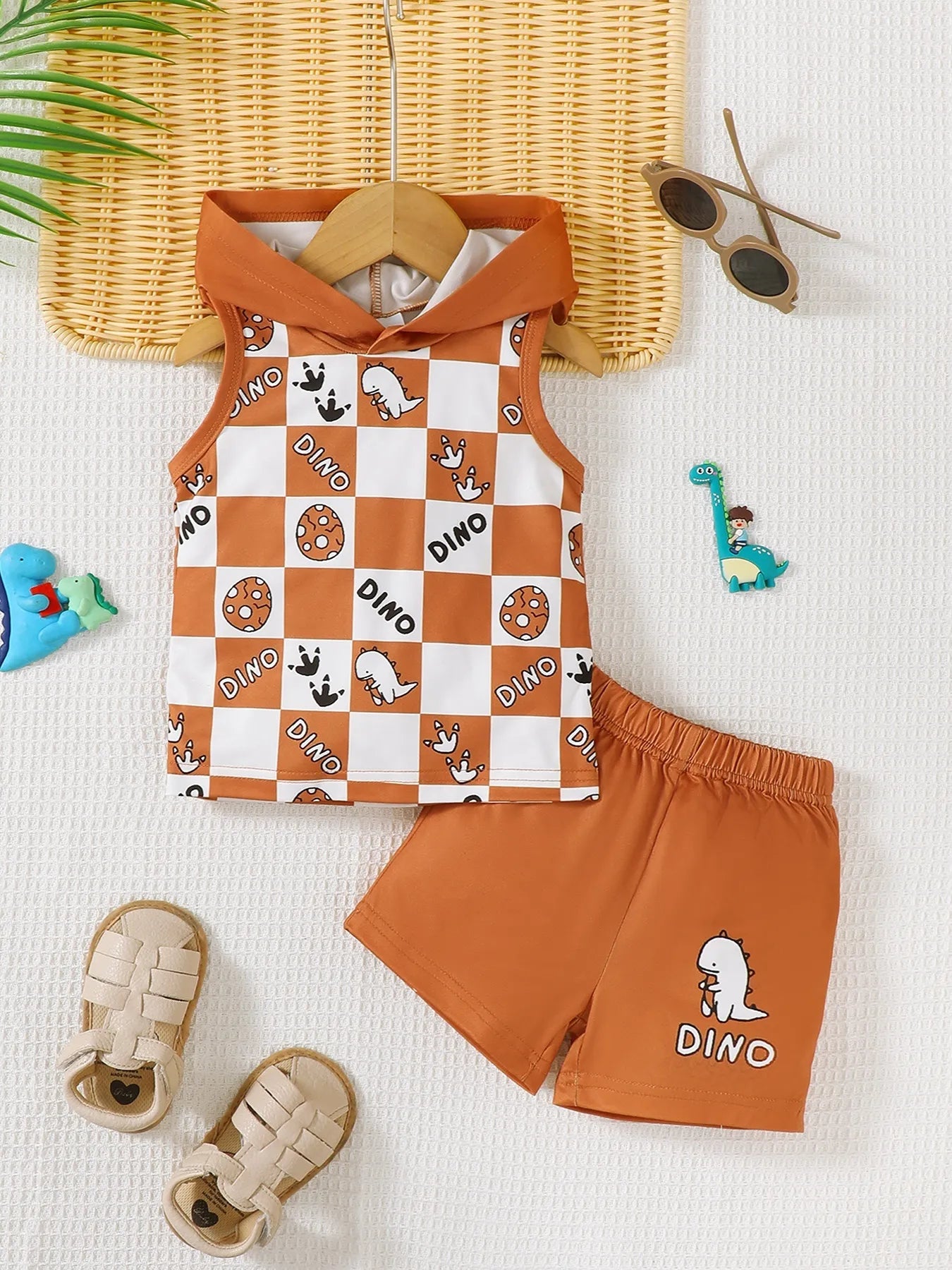 Children's Dinosaur Checkered Sleeveless Hooded Top and Shorts Set - Fashorio