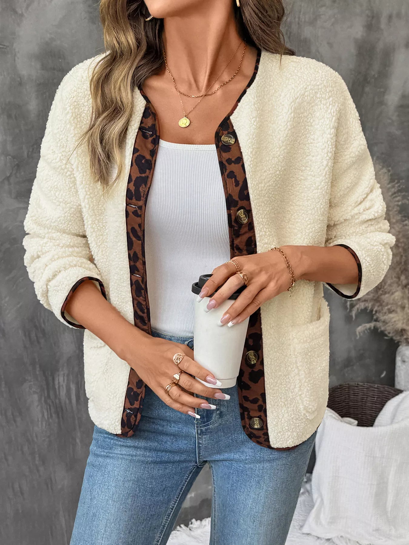 Women’s Button Up Jacket with Leopard Trim Detail - Fashorio