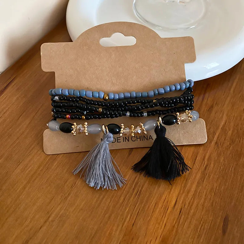Tassel Rice Bead Bracelet Black One Size - Fashorio