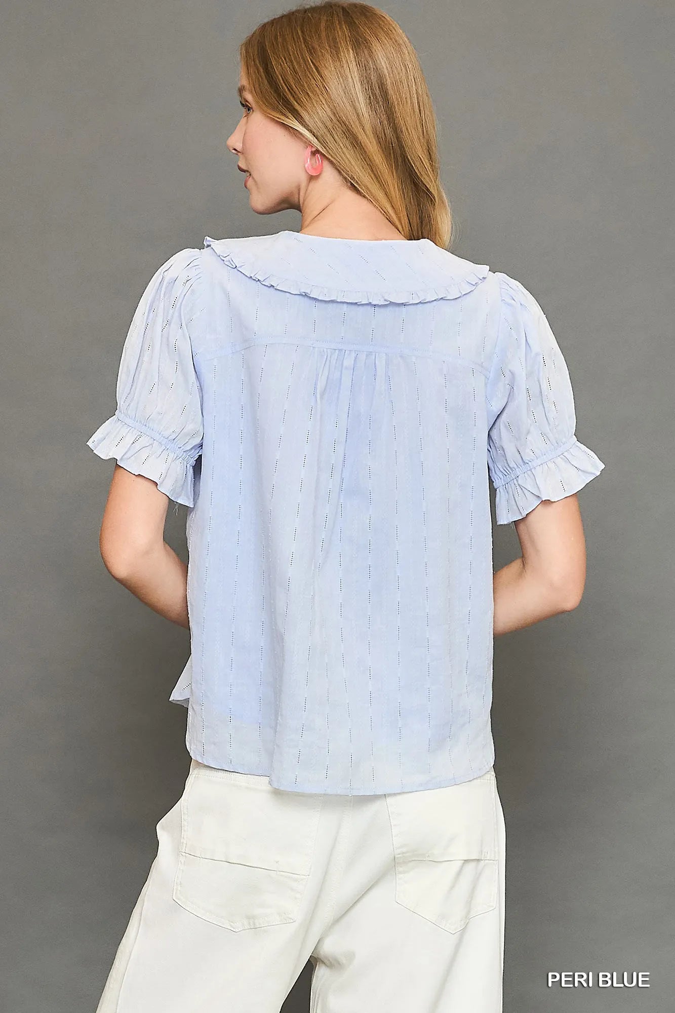 Umgee Peter Pan Collared Button Down Textured Shirt with Ruffled Detail - Fashorio