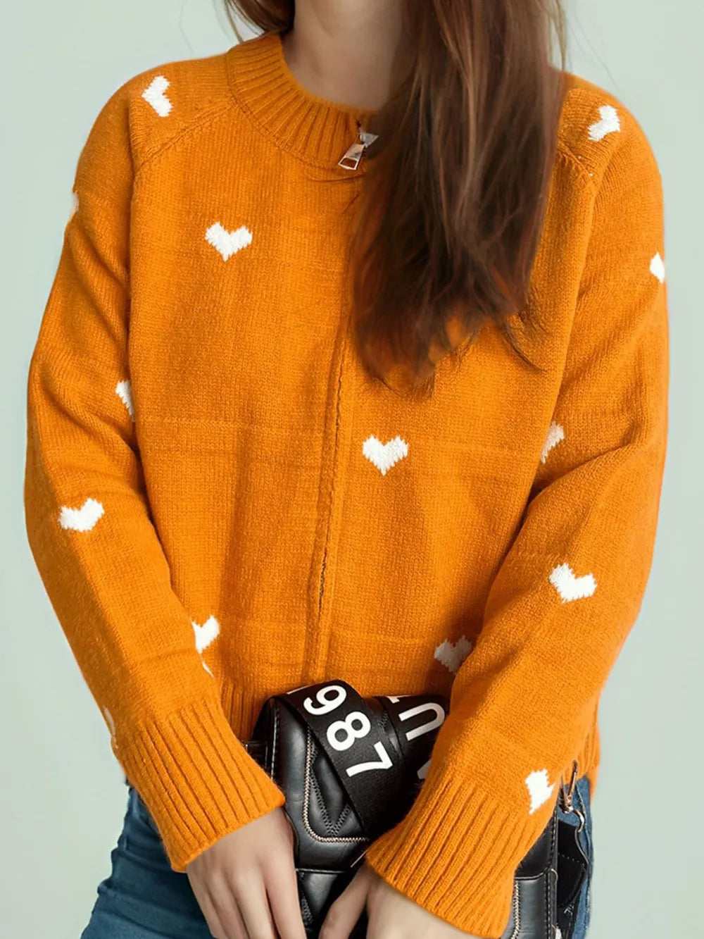 Heart Round Neck Zip Up Cardigan - Fashorio