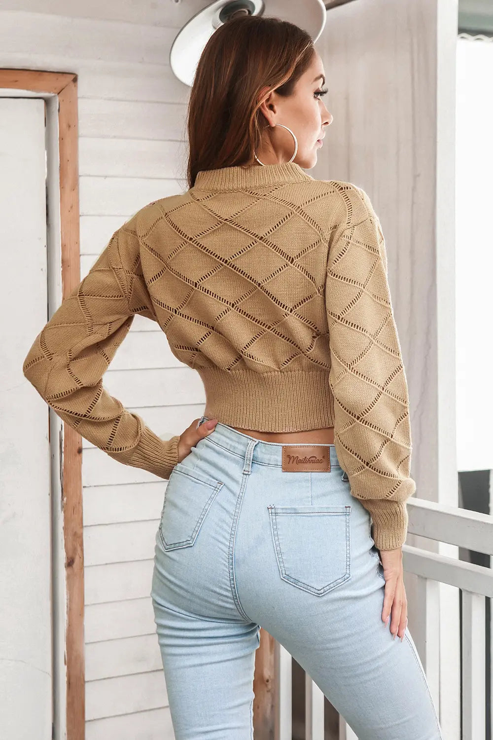Openwork Plaid Round Neck Cropped Sweater - Fashorio
