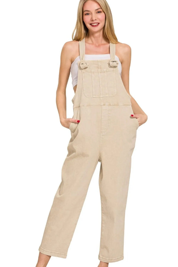 Zenana Washed Knot Strap Relaxed Fit Overalls SAND BEIGE - Fashorio