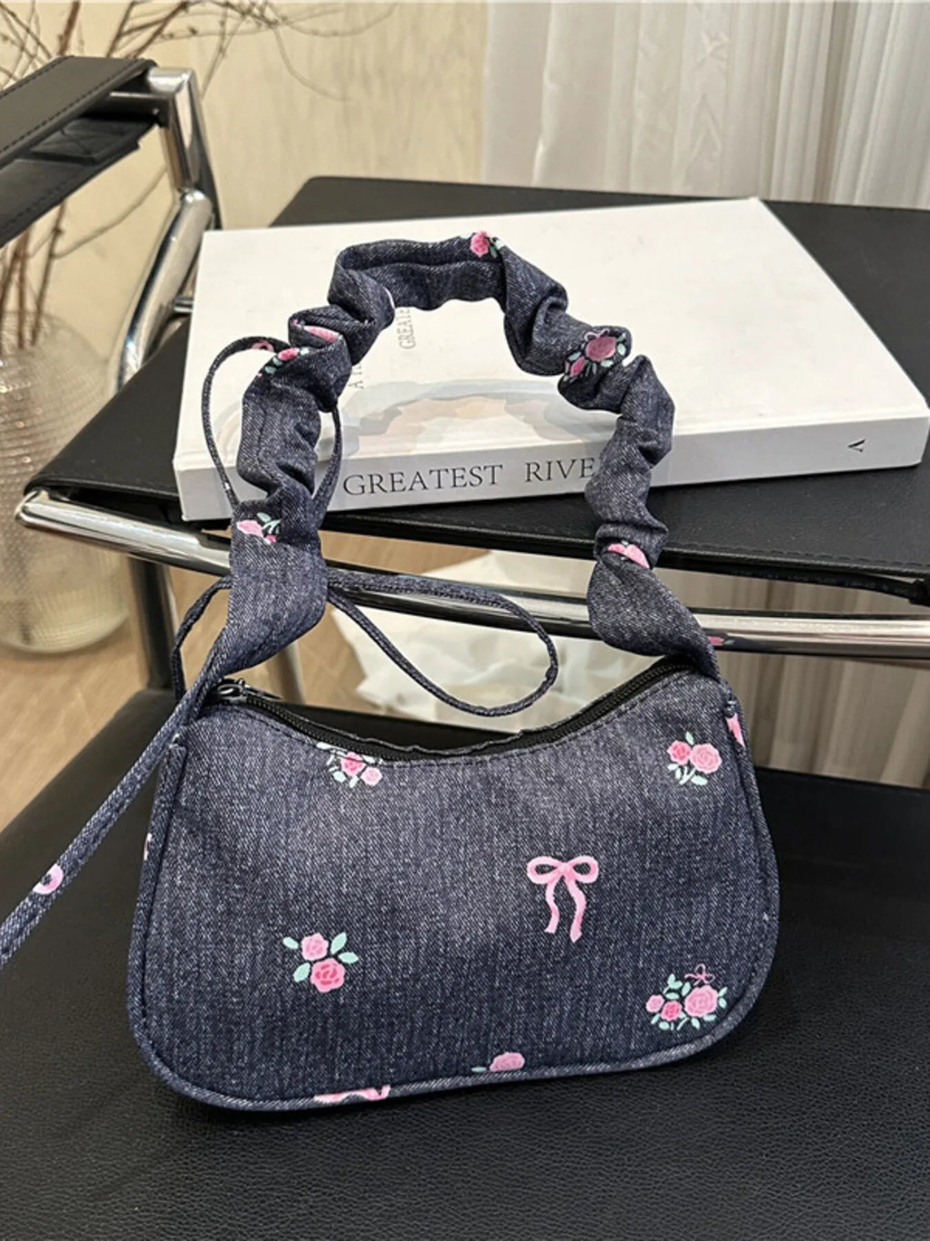 Embroidered Ruched Strap Shoulder Bag Dark Blue One Size - Fashorio