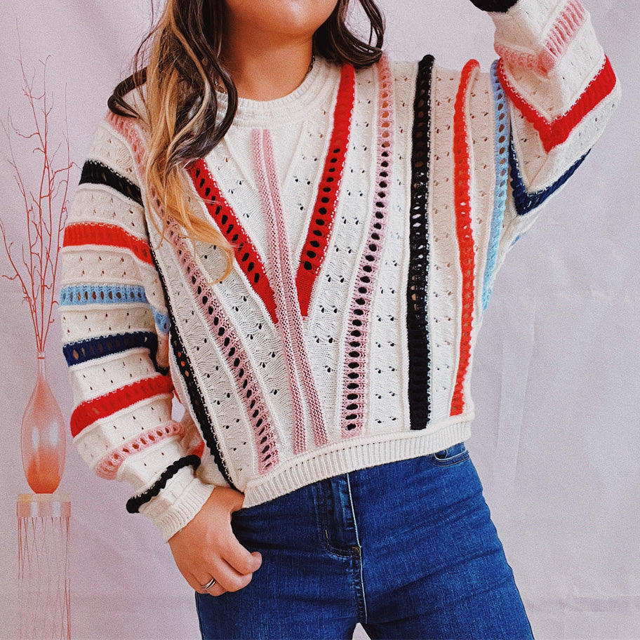Striped Openwork Round Neck Sweater - Fashorio