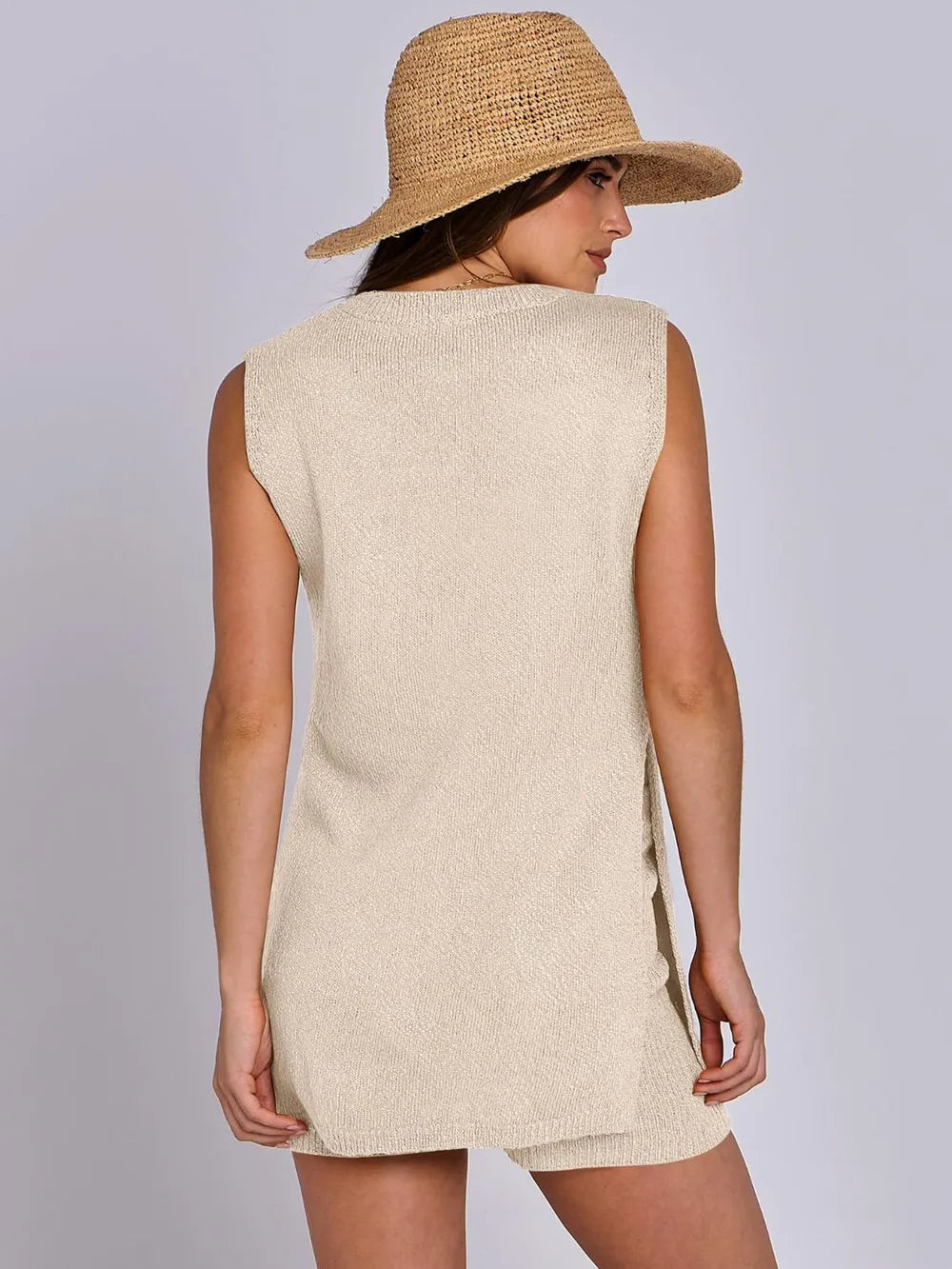 Side Slit Round Neck Tank and Ribbed Shorts Sweater Set - Fashorio