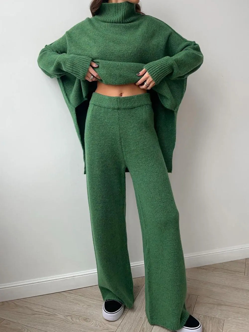 Slit Turtleneck Long Sleeve Top and Pants Sweater Set - Fashorio